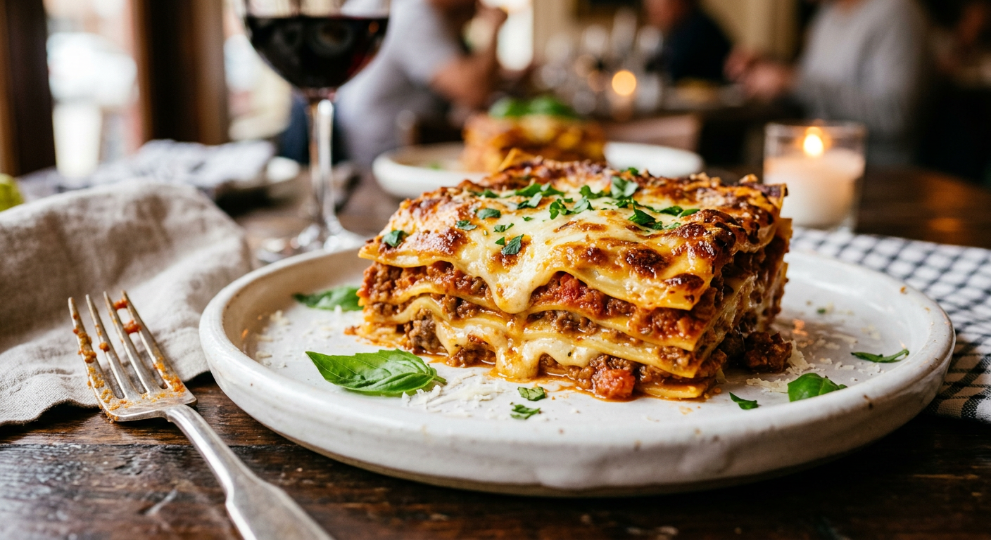 Baked Lasagna at Dinakis Mediterranean Grill — Loaded with our hearty meat sauce, ricotta cheese, spinach and mozzarella (Add 5 Meatballs $6)
