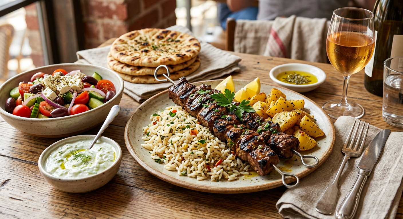 Beef Souvlaki at Dinakis Mediterranean Grill — 2 skewers of fire-grilled sirloin beef marinated with oregano, garlic and olive oil.