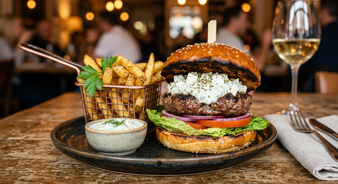 Dinakis Burger (Chicken or Beef) at Dinakis Mediterranean Grill — Fire-grilled Greek-style chicken or sirloin beef patty, cured bacon, cheddar cheese, pickles, caramelized onions, shredded lettuce and tomato on an artisan bun dressed with garlic aioli