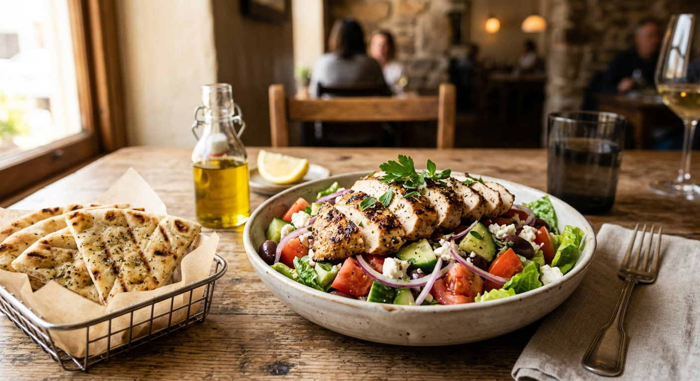 Grilled Chicken Greek Salad at Dinakis Mediterranean Grill — Fire-grilled Greek-style chicken breast added to our Greek salad, served with pita bread