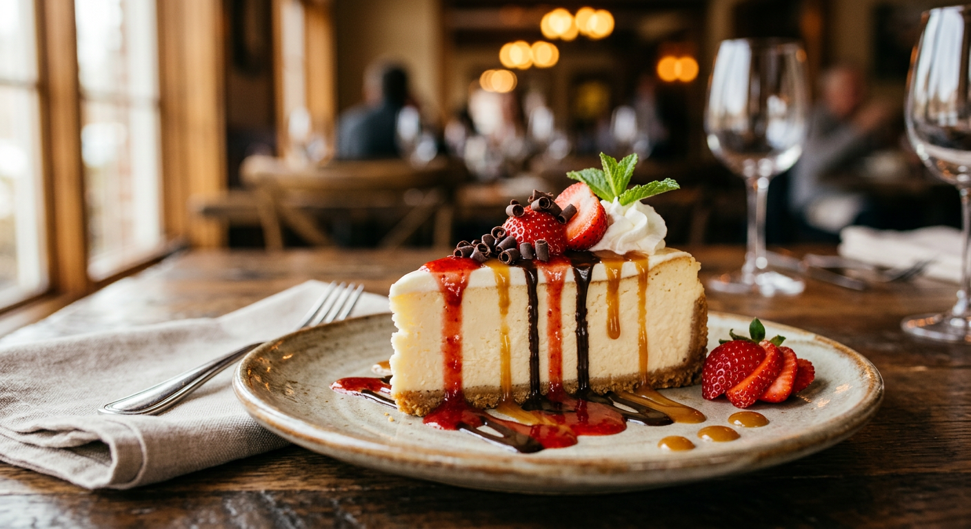 New York Cheesecake at Dinakis Mediterranean Grill — Decadent and creamy New York cheesecake drizzled with strawberry, chocolate and caramel sauce.