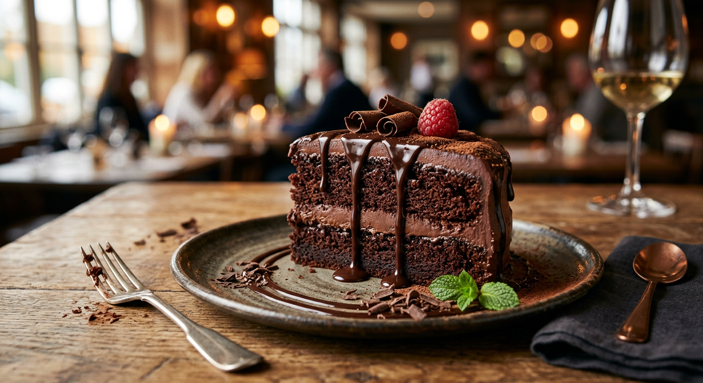 Triple Chocolate Cake at Dinakis Mediterranean Grill — Two layers of chocolate sponge cake filled and coated with a chewy chocolate fudge icing and drizzled with dark chocolate